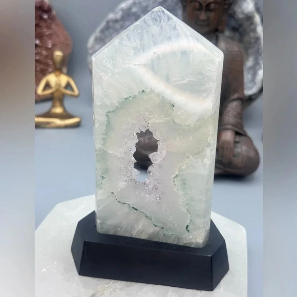 Druzy Quartz with Prasiolite and Anatase Inclusions Tower with Stand - Picture 3 of 5